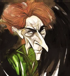 Ernest Thesiger, englischer Schauspieler (1879-1961); karikiert als Doktor Septimus Pretorius aus dem Film Die Braut von Frankenstein (1935, Regie: James Whale)